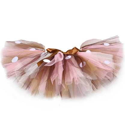 Girls Reindeer Tulle Tutu Skirt – Fluffy Brown Deer Costume for Christmas, Halloween, Carnival & Dress-Up, Ages 1–14Y