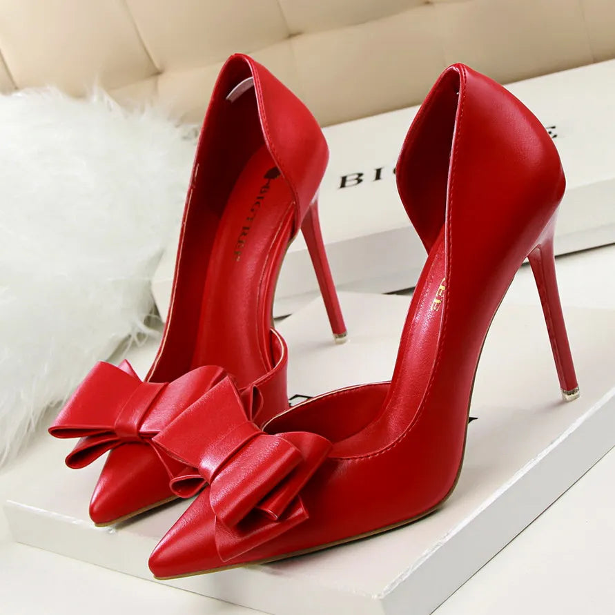 Women's Pointed Toe Stiletto High Heels with Bow Elegant Korean Wedding Pumps