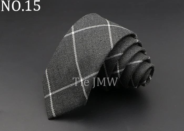 Men's 6cm Handmade Cotton Skinny Plaid Necktie – Slim Striped Grey Tie for Business, Casual & Wedding Wear