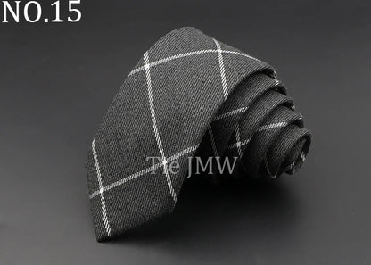 Men's 6cm Handmade Cotton Skinny Plaid Necktie – Slim Striped Grey Tie for Business, Casual & Wedding Wear