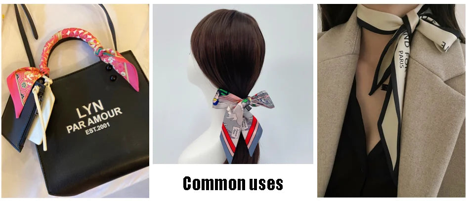 Pañuelo estrecho de sarga de seda 100 % de lujo para mujer, diseño de marca, pañuelo para bolso, pañuelo para el cuello, diadema para el pelo