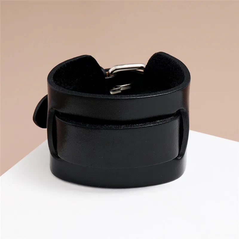 Modyle Wide Genuine Leather Cuff Bracelet – Vintage Brown & Black Punk Wristband for Men | Retro Fashion Jewelry Accessory