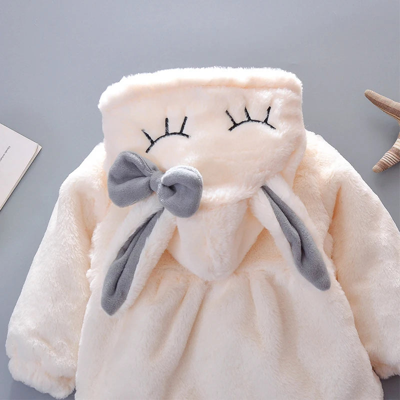 Cute Rabbit Ears Baby Jacket, Plush Hooded Winter Coat for Toddler Girls, Warm Princess Outerwear for Autumn and Christmas