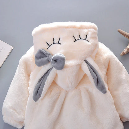 Cute Rabbit Ears Baby Jacket, Plush Hooded Winter Coat for Toddler Girls, Warm Princess Outerwear for Autumn and Christmas