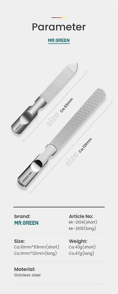 MR.GREEN Double-Sided Stainless Steel Nail File – Professional Manicure & Pedicure Grooming Tool for Finger & Toenails