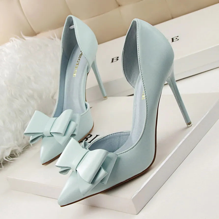 Women's Pointed Toe Stiletto High Heels with Bow Elegant Korean Wedding Pumps