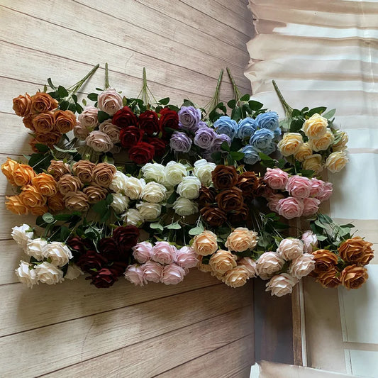 Ramo de 9 cabezas de camelias y rosas artificiales – Flores sintéticas realistas para decoración de bodas, exposiciones de fiestas, decoración del hogar y regalos florales