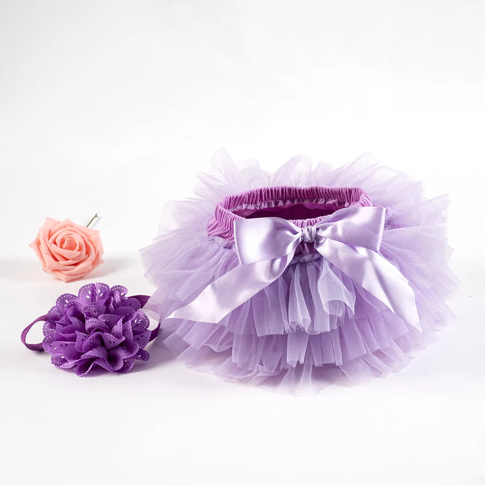 2PCS Baby Girls' Tulle Tutu Bloomers Set – Newborn Diaper Cover Skirt with Matching Headband, Rainbow Princess Outfit for Infants