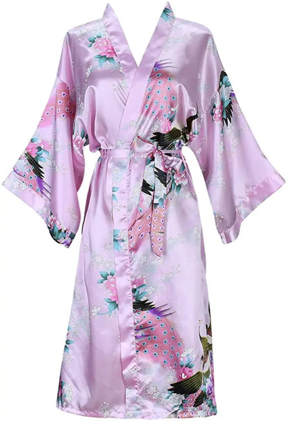 Silk Satin Floral Wedding Robe – Bride Bridesmaid Short Kimono Bathrobe Dressing Gown for Women