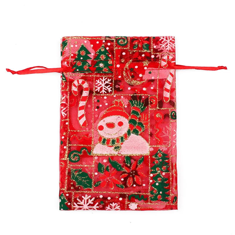 50PCS Santa Claus Christmas Organza Gift Bags – 10×15CM & 13×18CM Drawstring Jewelry & Favor Bags for Xmas Gift Packaging