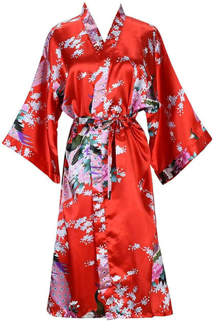 Silk Satin Floral Wedding Robe – Bride Bridesmaid Short Kimono Bathrobe Dressing Gown for Women