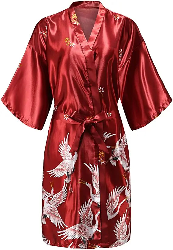 Silk Satin Floral Wedding Robe – Bride Bridesmaid Short Kimono Bathrobe Dressing Gown for Women