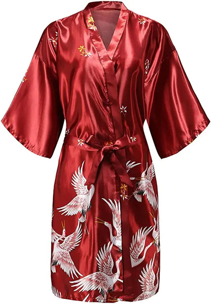 Silk Satin Floral Wedding Robe – Bride Bridesmaid Short Kimono Bathrobe Dressing Gown for Women