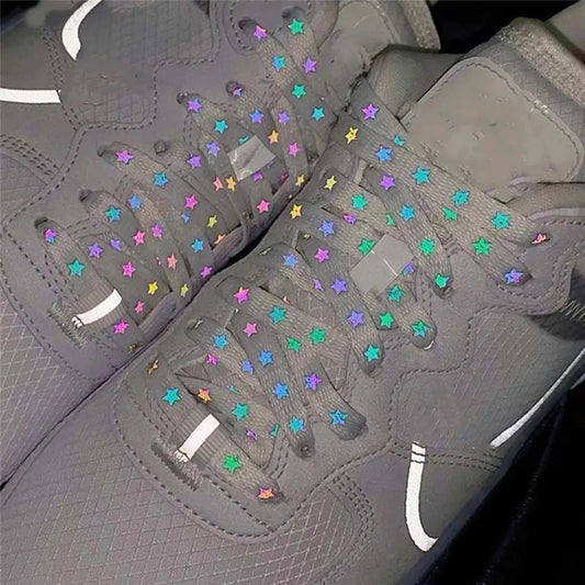 Holographic Reflective Star Shoelaces – Double-Sided High-Brightness Luminous Flat Laces for Sneakers, Fashion Shoe Accessories