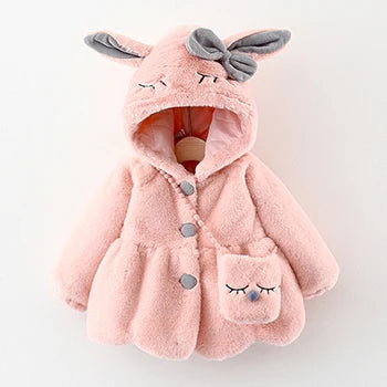 Cute Rabbit Ears Baby Jacket, Plush Hooded Winter Coat for Toddler Girls, Warm Princess Outerwear for Autumn and Christmas