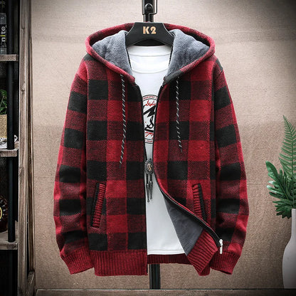 Men's Winter Plaid Hooded Cardigan Sweater Jacket Fleece Lined Warm Zipper Coat Checkered Knit Jumper for Autumn and Winter