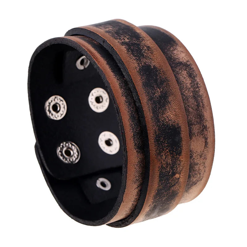 Modyle Wide Genuine Leather Cuff Bracelet – Vintage Brown & Black Punk Wristband for Men | Retro Fashion Jewelry Accessory