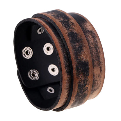Modyle Wide Genuine Leather Cuff Bracelet – Vintage Brown & Black Punk Wristband for Men | Retro Fashion Jewelry Accessory