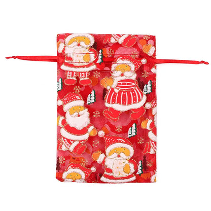 50PCS Santa Claus Christmas Organza Gift Bags – 10×15CM & 13×18CM Drawstring Jewelry & Favor Bags for Xmas Gift Packaging