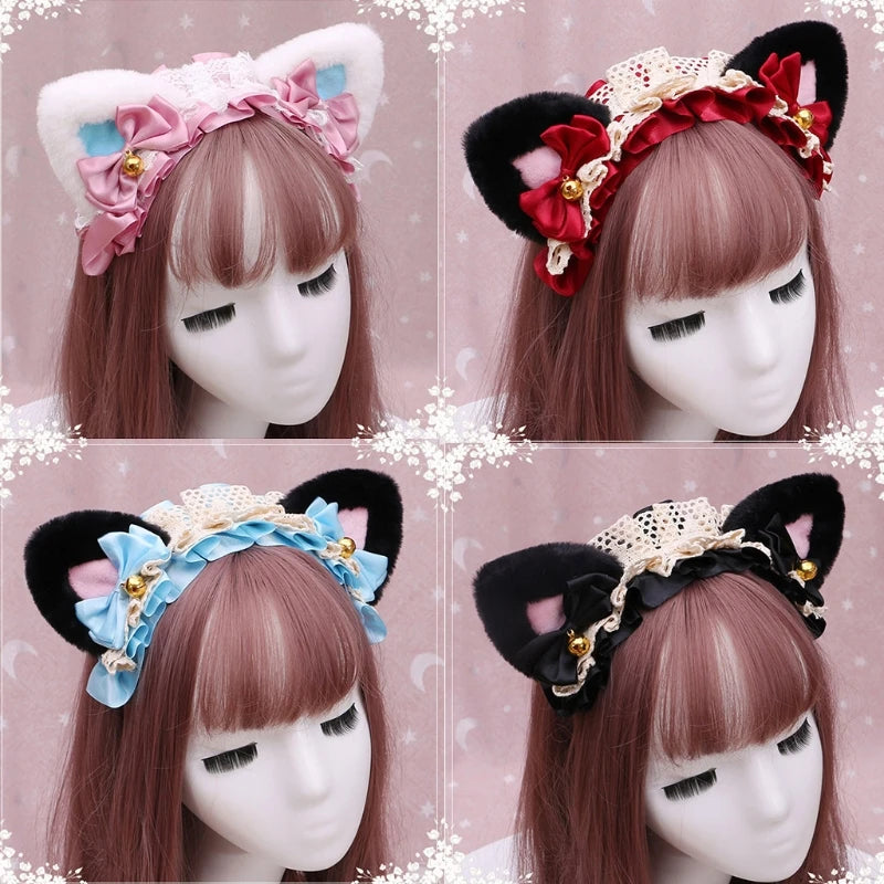 Cute Anime Lolita Cat Ear Headband, Plush Animal Ears with Ruffled Lace, Ribbon Bow and Bell, Kawaii Cosplay Hair Hoop for Masquerade, Costume Parties, and Daily Wear