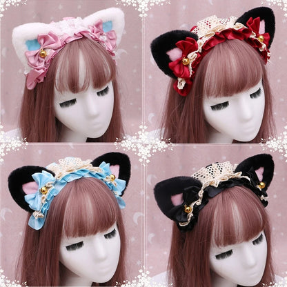 Cute Anime Lolita Cat Ear Headband, Plush Animal Ears with Ruffled Lace, Ribbon Bow and Bell, Kawaii Cosplay Hair Hoop for Masquerade, Costume Parties, and Daily Wear