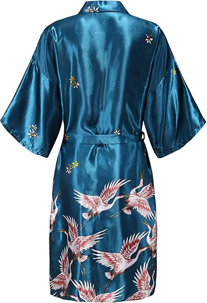 Silk Satin Floral Wedding Robe – Bride Bridesmaid Short Kimono Bathrobe Dressing Gown for Women