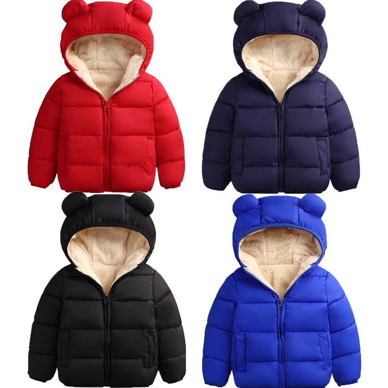 Baby Winter Hooded Down Jacket, Cute Ear Design Padded Snowsuit for Boys and Girls, Warm Solid Color Kids Coat and Cold Weather Outerwear