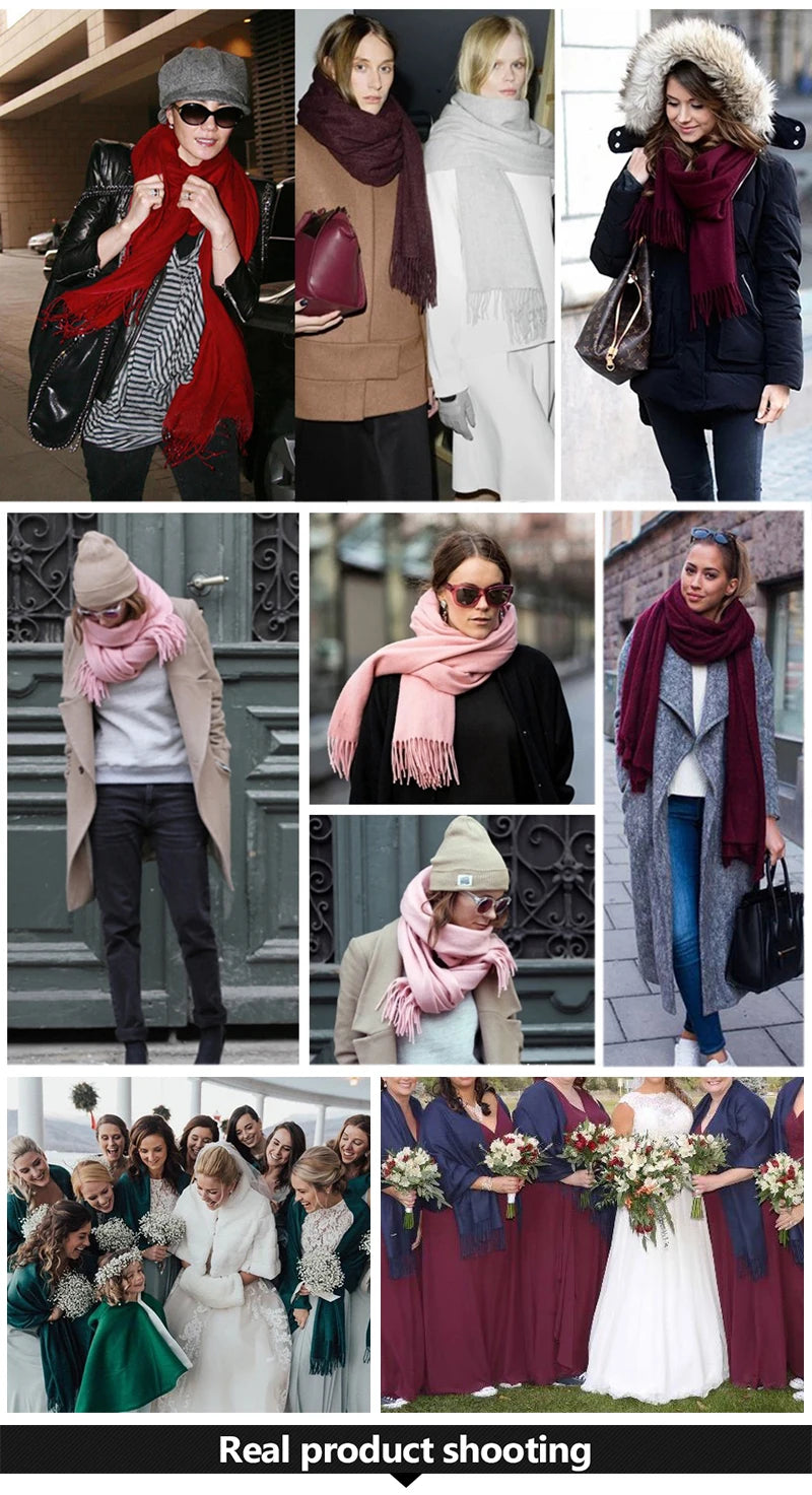 Bufanda de cachemira sólida para mujer – Chal Pashmina cálido de otoño invierno con diseño de borlas, accesorio de moda Foulard para hombres y mujeres