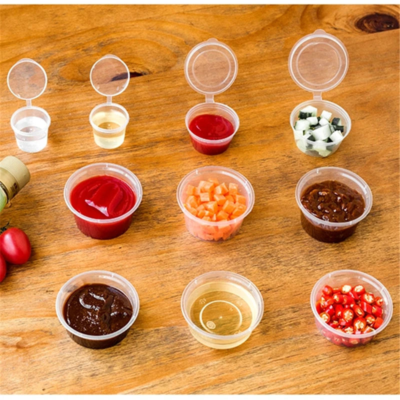 30 Envases Desechables para Salsas – Recipientes de Plástico de 30ml/50ml/100ml con Tapa Abatible, Vasos Reutilizables para Condimentos, Contenedores de Almacenamiento y Cajas para Mezclar Pintura para Cocina, Manualidades y Organización