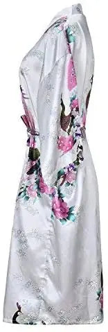 Silk Satin Floral Wedding Robe – Bride Bridesmaid Short Kimono Bathrobe Dressing Gown for Women