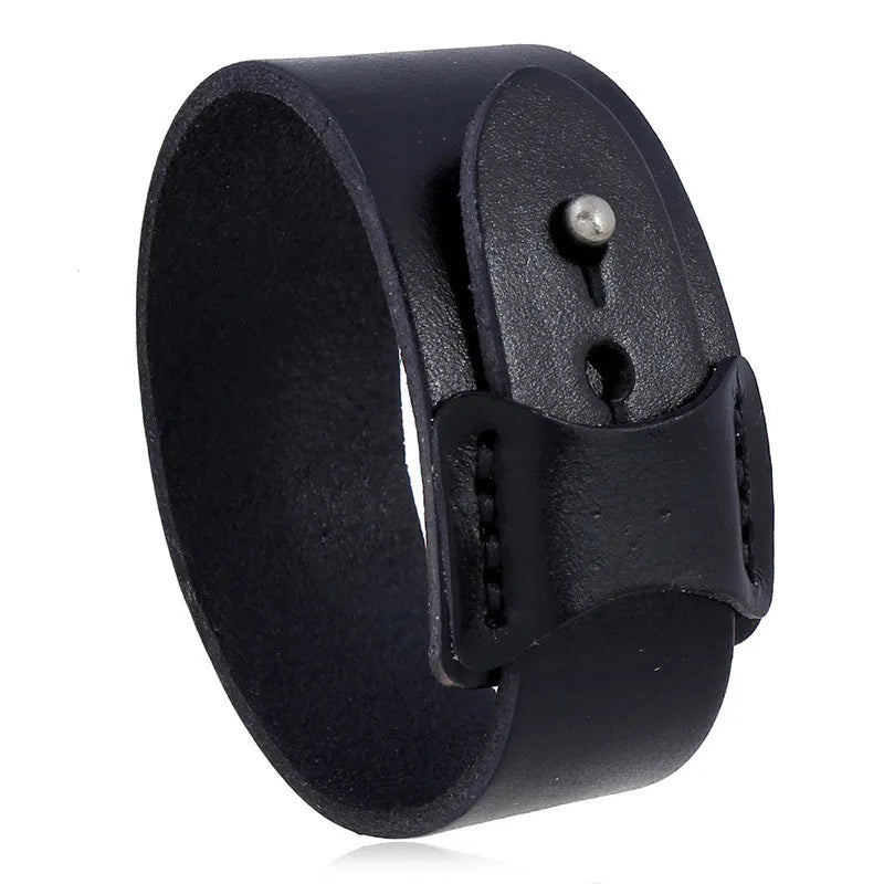 Modyle Wide Genuine Leather Cuff Bracelet – Vintage Brown & Black Punk Wristband for Men | Retro Fashion Jewelry Accessory