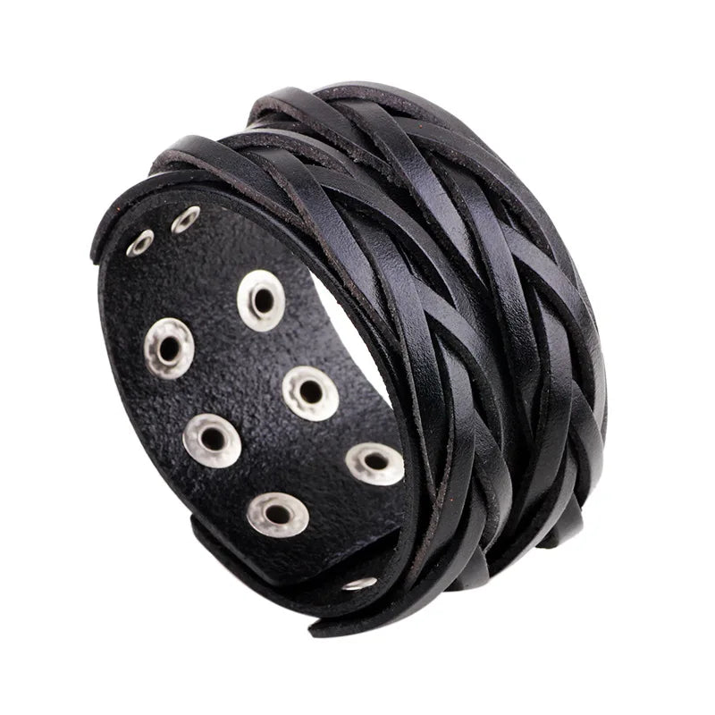 Modyle Wide Genuine Leather Cuff Bracelet – Vintage Brown & Black Punk Wristband for Men | Retro Fashion Jewelry Accessory
