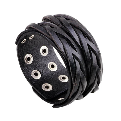 Modyle Wide Genuine Leather Cuff Bracelet – Vintage Brown & Black Punk Wristband for Men | Retro Fashion Jewelry Accessory