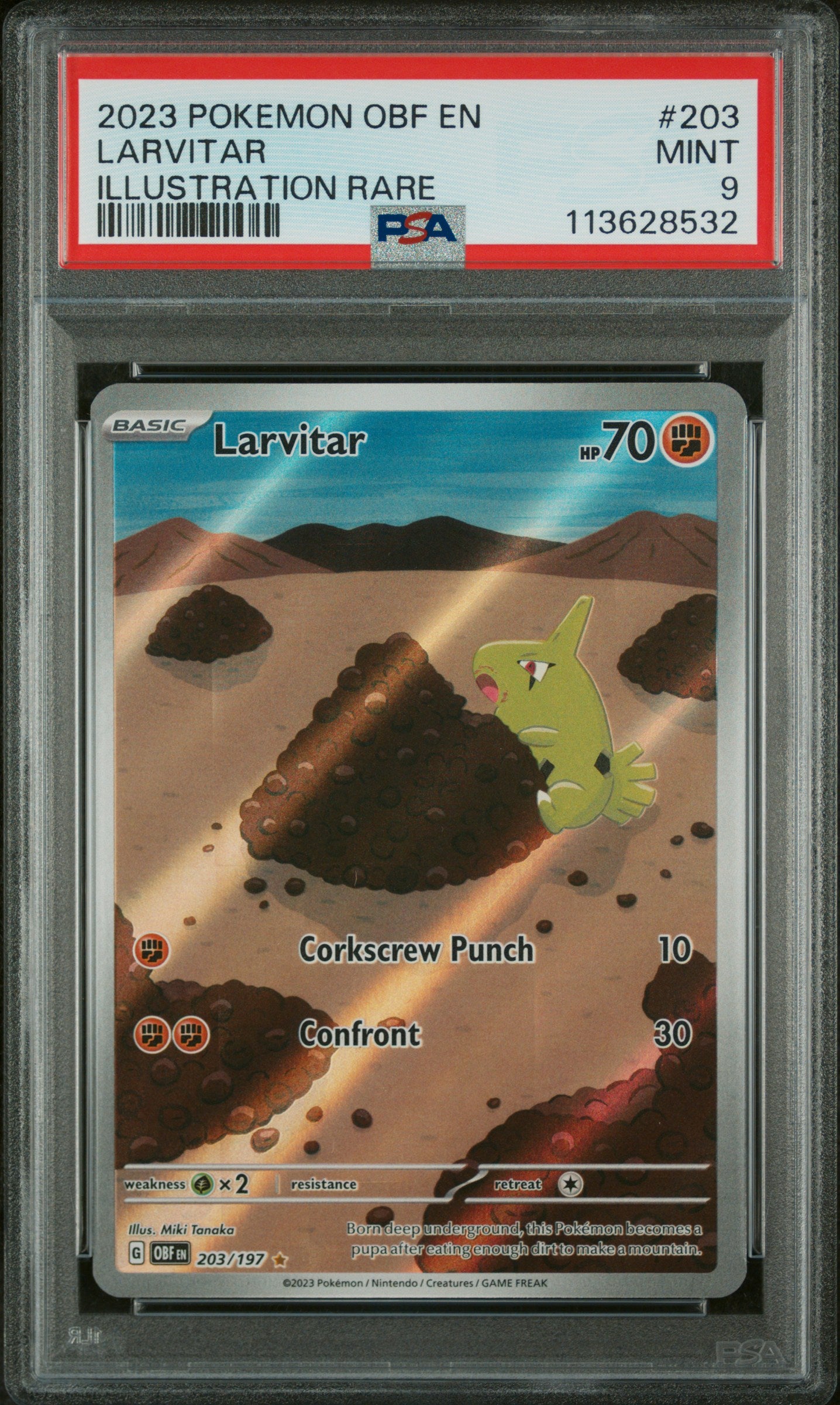 Larvitar #203/197 Llamas Obsidiana 2023 PSA 9