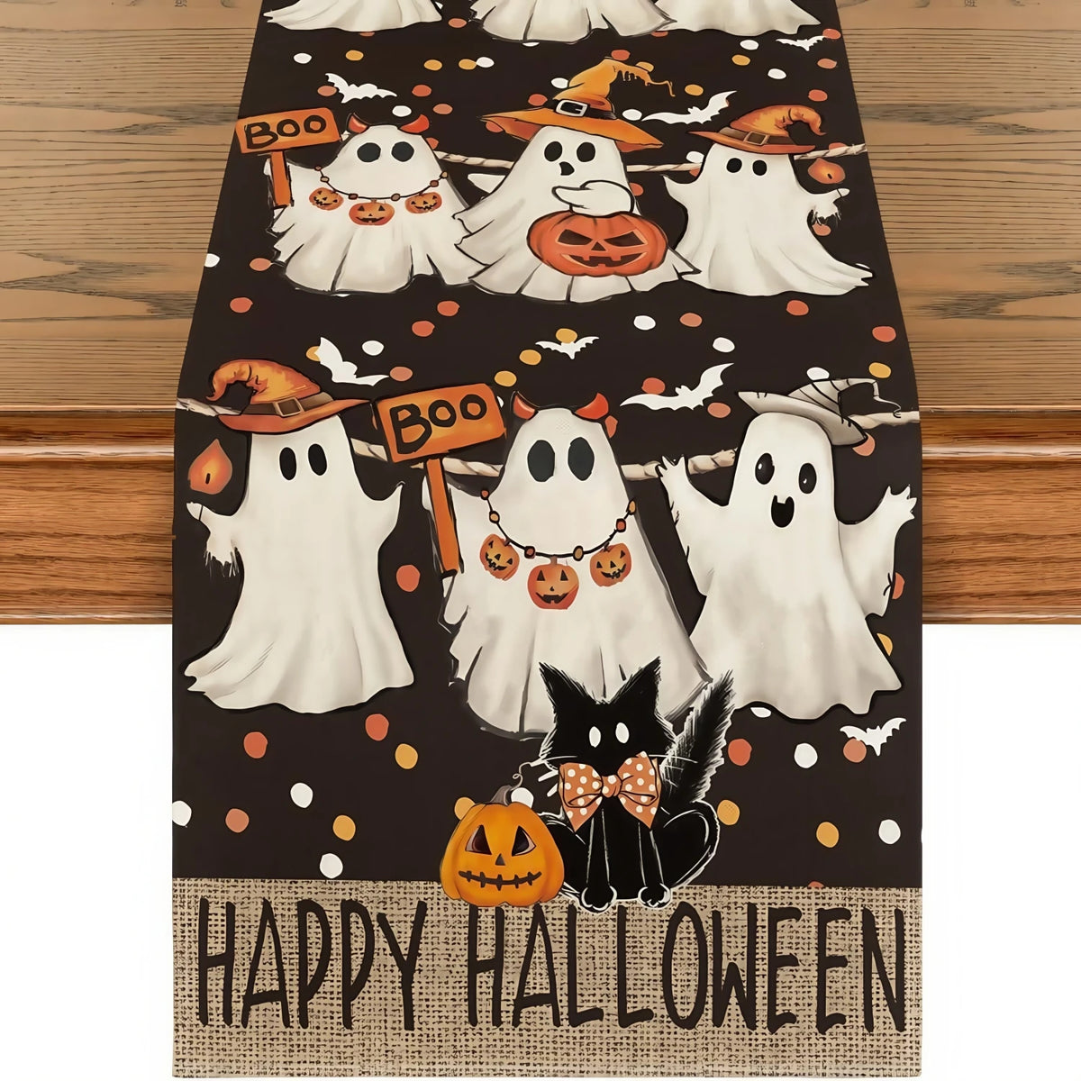 Halloween Table Runner with Ghost, Pumpkin and Black Cat Pattern, Spooky Dining Table Decor, Halloween Kitchen Tablecloth, Sideboard and Dresser Decoration, Festive Home Party Ornament