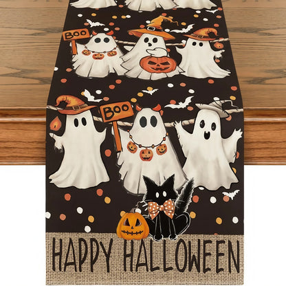 Halloween Table Runner with Ghost, Pumpkin and Black Cat Pattern, Spooky Dining Table Decor, Halloween Kitchen Tablecloth, Sideboard and Dresser Decoration, Festive Home Party Ornament