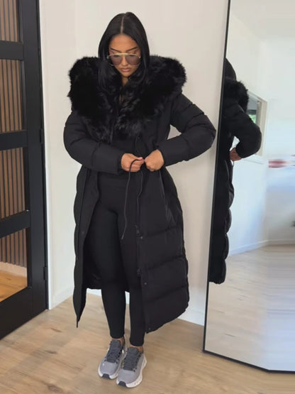 Women’s Long Puffer Winter Coat – Thick Warm Maxi Padded Jacket with Faux Fur Hood, Drawstring Waist & Zip-Up Button Closure
