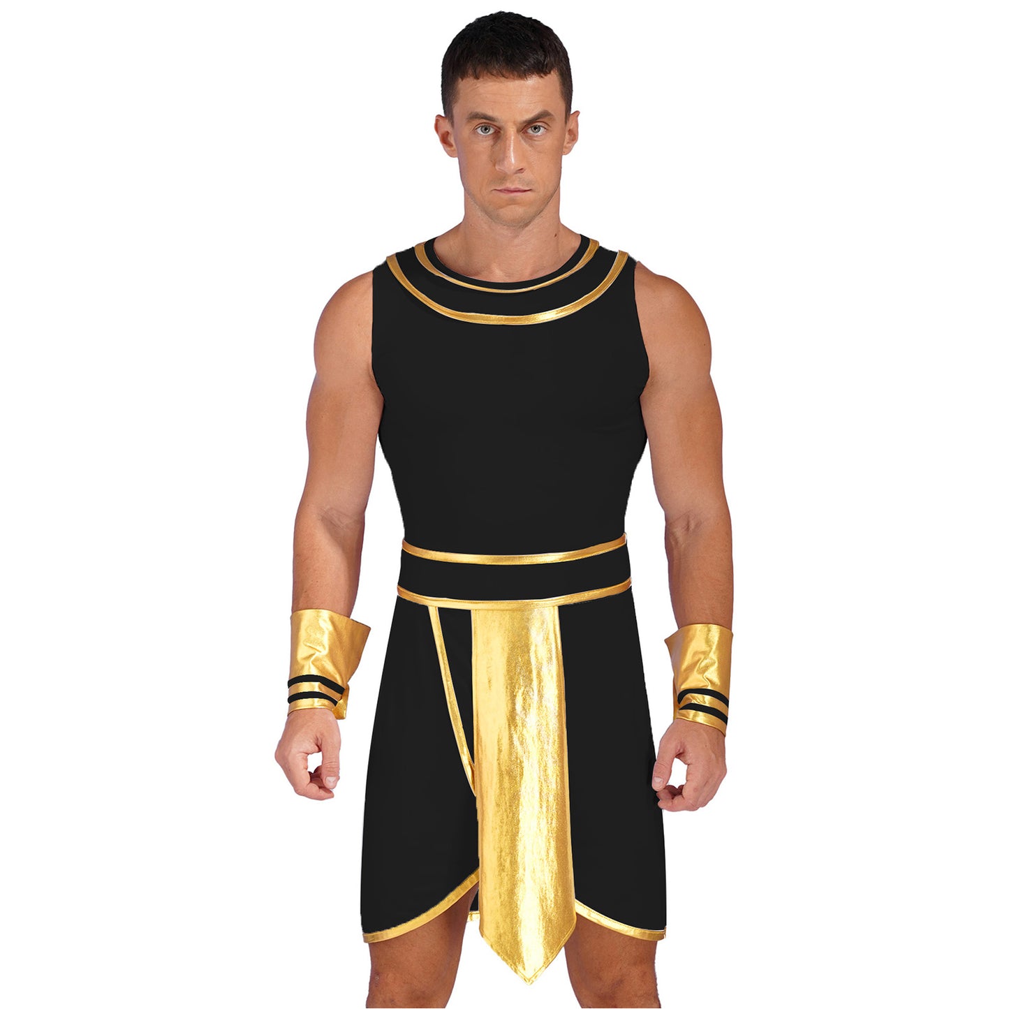Men’s Ancient Greek & Egyptian Pharaoh Cosplay Costume – Metallic Shiny Toga Robe with Sleeves for Halloween & Roleplay