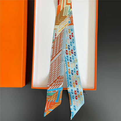 Pañuelo estrecho de sarga de seda 100 % de lujo para mujer, diseño de marca, pañuelo para bolso, pañuelo para el cuello, diadema para el pelo