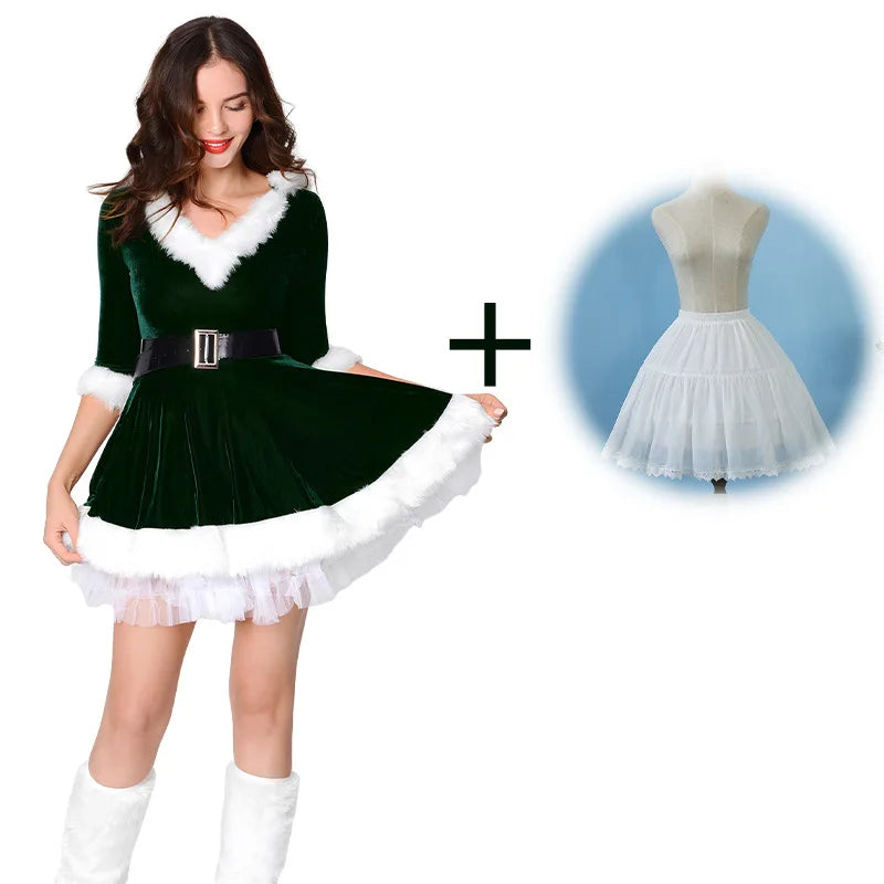 Women's Santa Claus Christmas Costume Dress with Half Sleeves and Waist Belt, Solid Color Xmas Cosplay Outfit, Ladies Holiday Fancy Dress for Christmas Parties, Festive Events and Role-Playing Celebrations