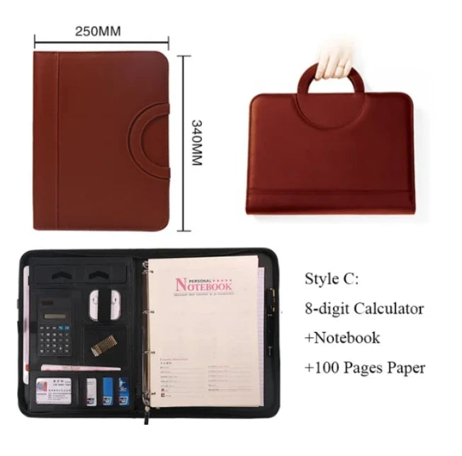 A4 PU Leather Zipper Portfolio Folder – Portable Conference File Organizer with Calculator Holder, Tablet Compartment & Handle
