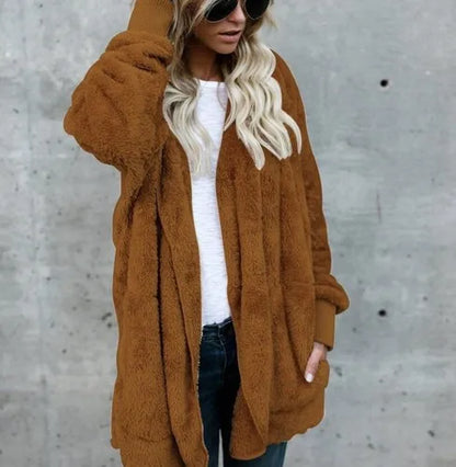 Women’s Double-Fleece Hooded Cardigan Jacket – Solid Color Plush Warm Coat with Long Sleeves, Oversized Autumn & Winter Outerwear