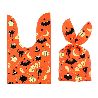 25/50PCS Halloween Candy Bags – Rabbit Ear Pumpkin Plastic Treat Bags for Candy, Cookies & Desserts, DIY Packaging for Kids’ Halloween Parties