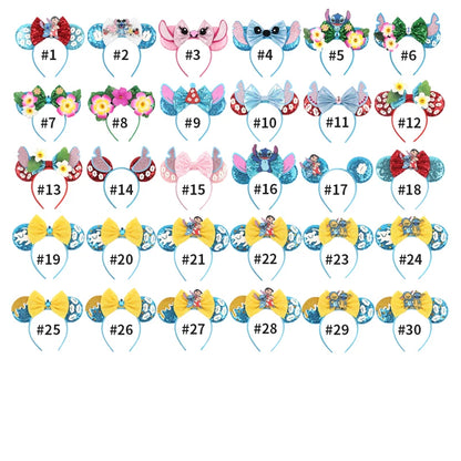 Diadema de orejas de Mickey Mouse de Lilo & Stitch – Lazo de lentejuelas de 5" Accesorio para el cabello de dibujos animados para mujeres y niñas | Diadema para fiestas y festivales