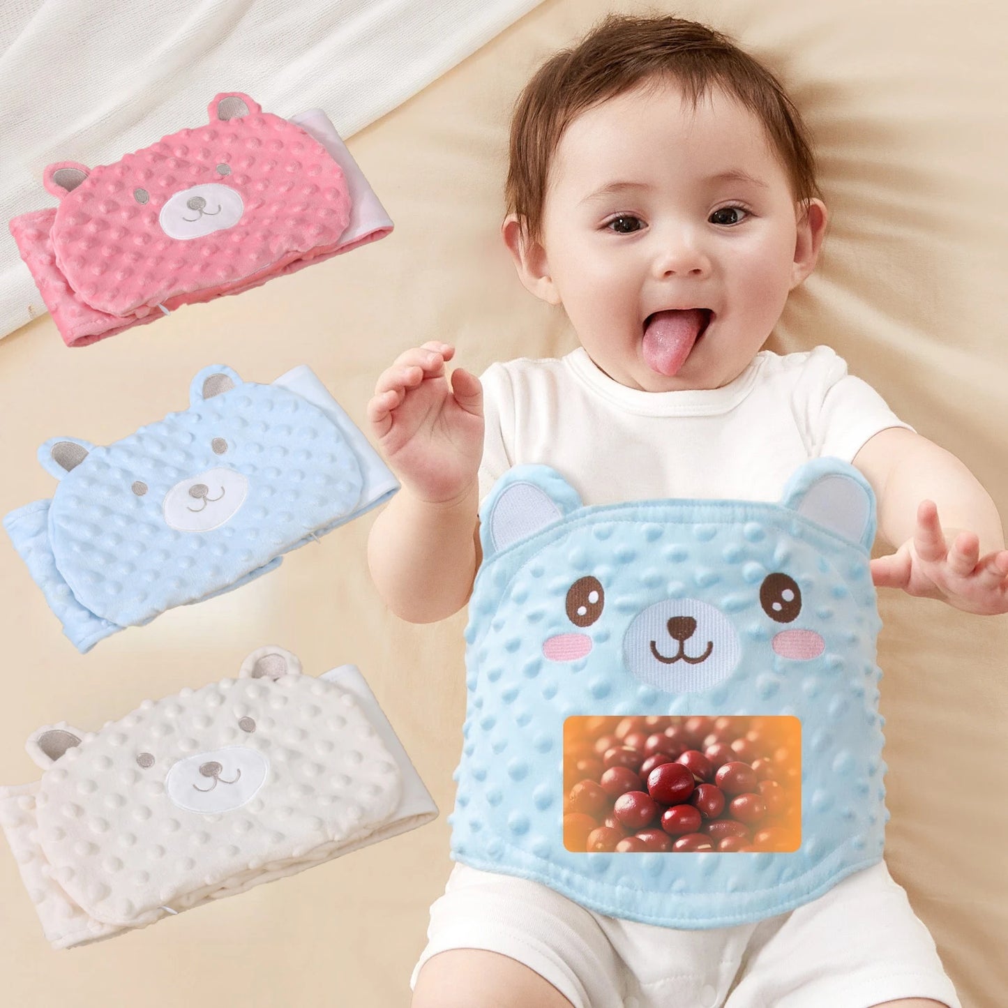 Faja suave para bebé con paquete térmico de frijoles rojos – Envoltura abdominal de dibujos animados para bebés para calor, alivio de gases y comodidad estomacal