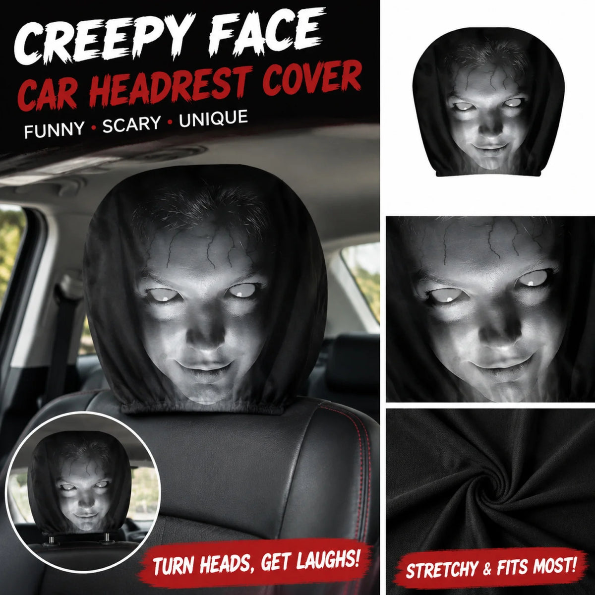2026 Halloween Car Headrest Covers – Funny Cartoon Seat Headrest Protectors for Front Car Seats, Spooky Auto Interior Decoration