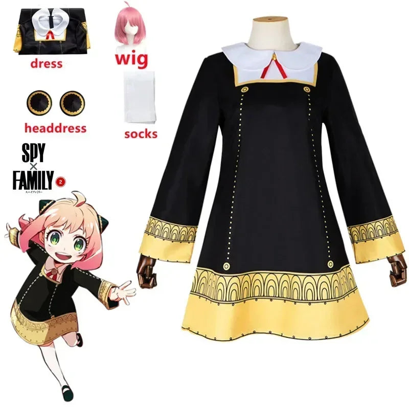 Spy × Family Anya Forger Cosplay Costume Set – Black Uniform Dress with Pink Wig & Stockings for Girls & Adults, Halloween Party & Roleplay Outfit