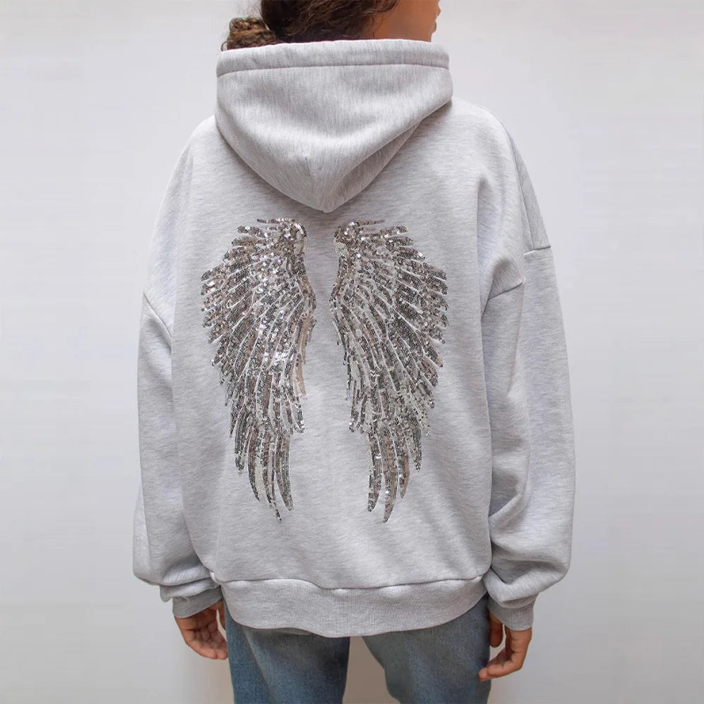 Women’s Y2K Wings Beaded Sequin Hoodie 2026 – Oversized Fleece-Lined Casual Pullover Sweatshirt, Fashion Streetwear Top