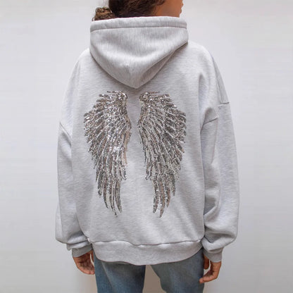 Women’s Y2K Wings Beaded Sequin Hoodie 2026 – Oversized Fleece-Lined Casual Pullover Sweatshirt, Fashion Streetwear Top