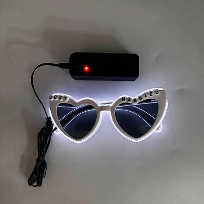 Just Married LED Heart Glasses – Light-Up EL Neon Glasses for Weddings, Engagements & Bridal Showers